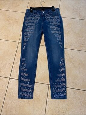 Bebe Stretchy Spandex Blue Full Rhinestone Embellished Jeans